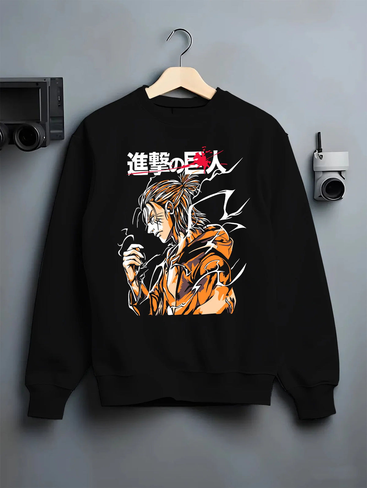 Black crewneck sweatshirt on hanger showing Eren Yeager / Attack Titan from Attack on Titan: orange transformation poster