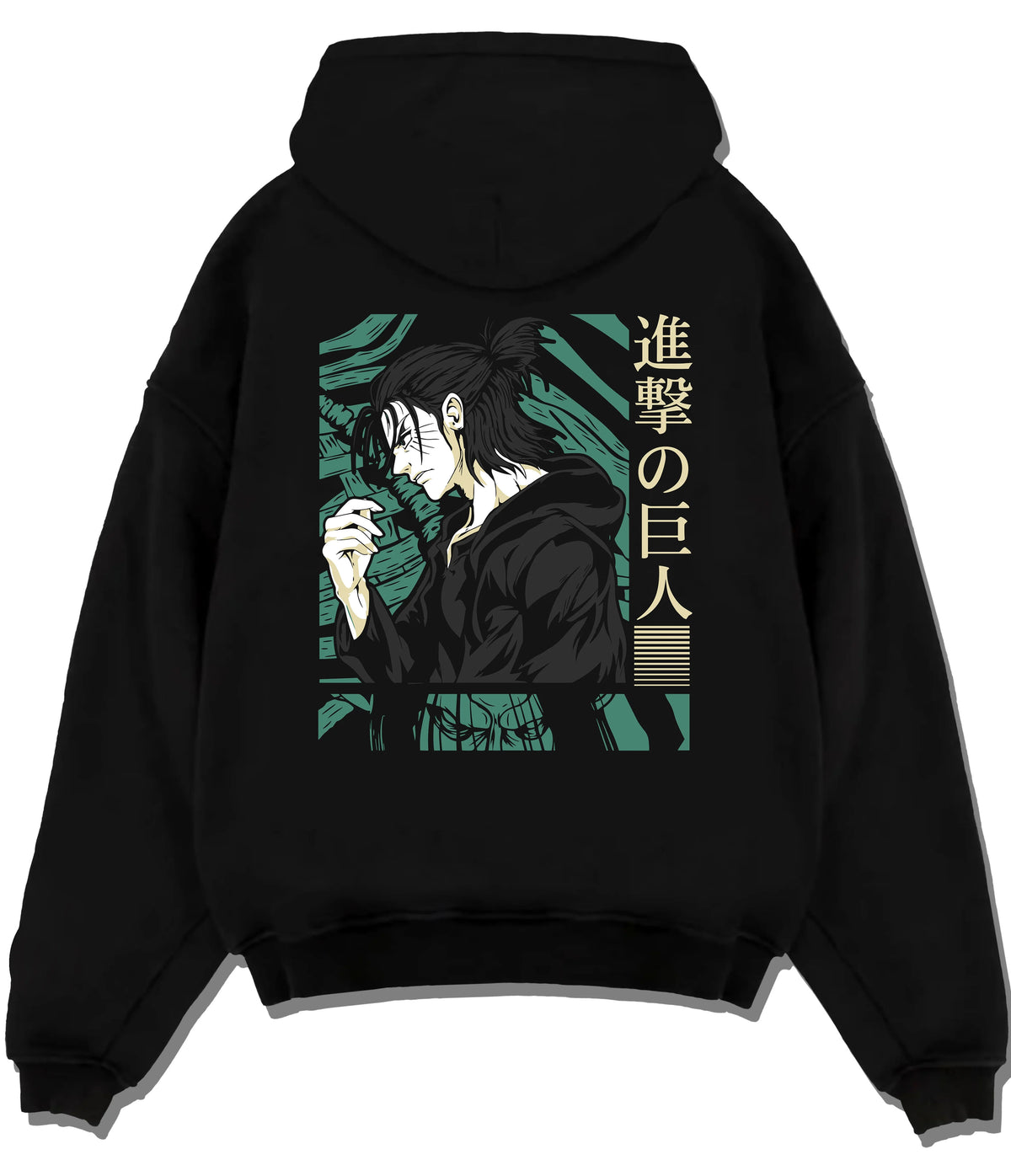 Black hoodie flat back view showing Eren Yeager from Attack on Titan: dark green character profile