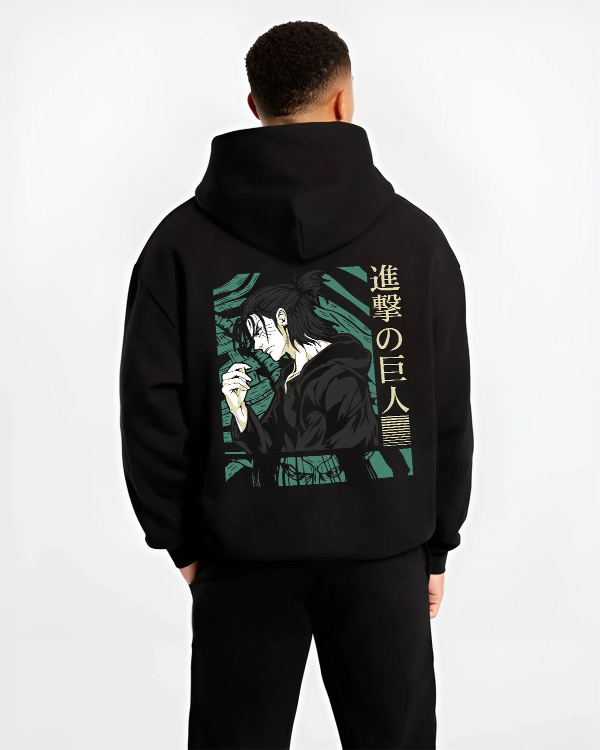 Black hoodie model back view showing Eren Yeager from Attack on Titan: dark green character profile