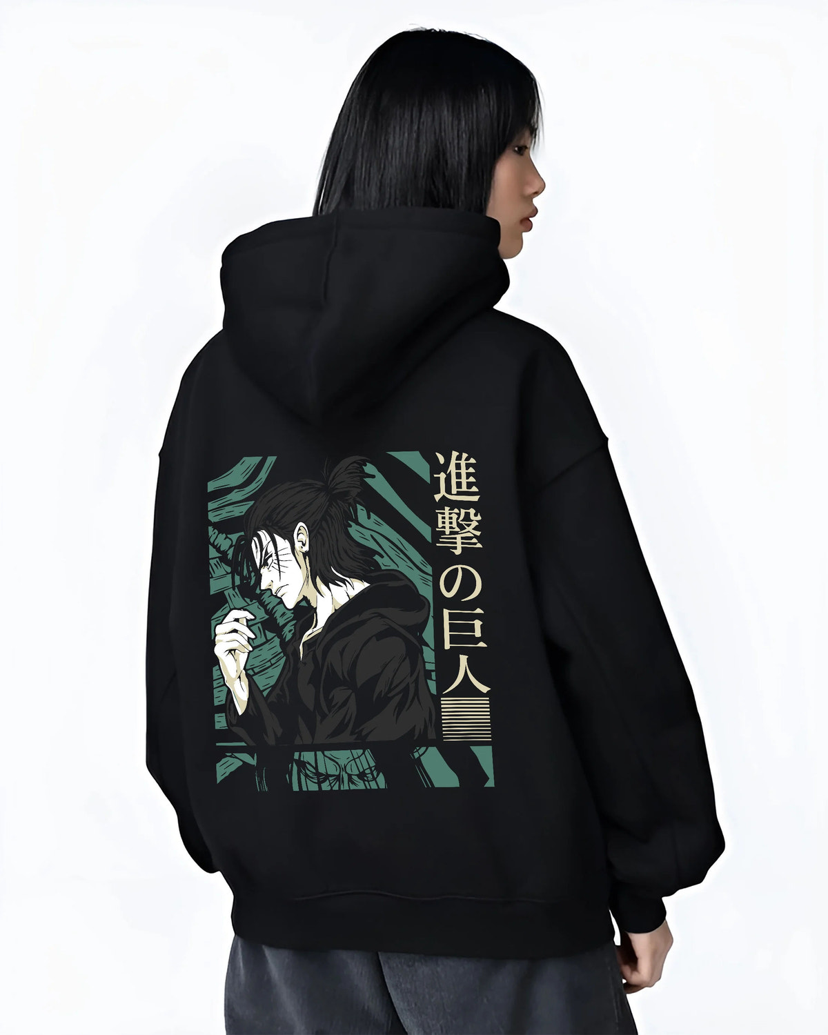 Black hoodie female model back view showing Eren Yeager from Attack on Titan: dark green character profile