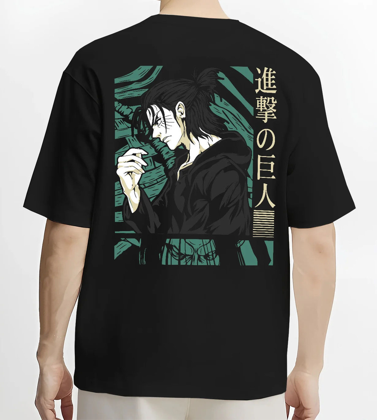 Black T-shirt model back view showing Eren Yeager from Attack on Titan: dark green character profile