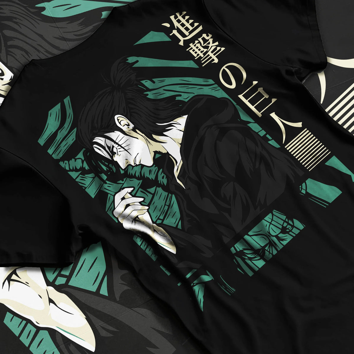 Black T-shirt flat back view showing Eren Yeager from Attack on Titan: dark green character profile