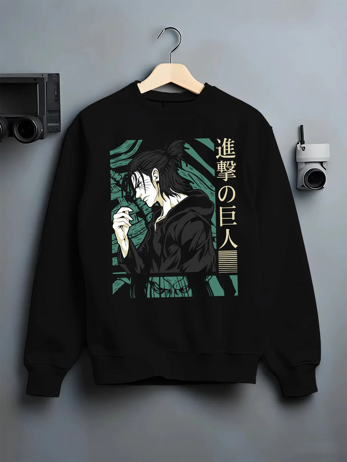 Black crewneck sweatshirt on hanger showing Eren Yeager from Attack on Titan: dark green character profile