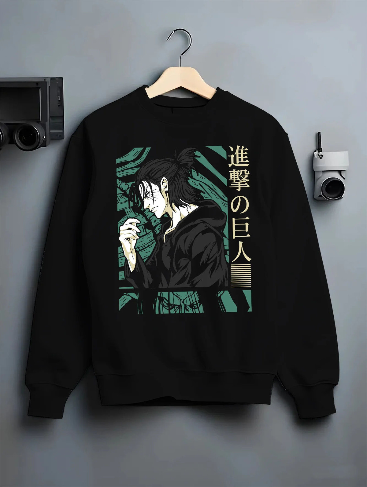 Black crewneck sweatshirt on hanger showing Eren Yeager from Attack on Titan: dark green character profile