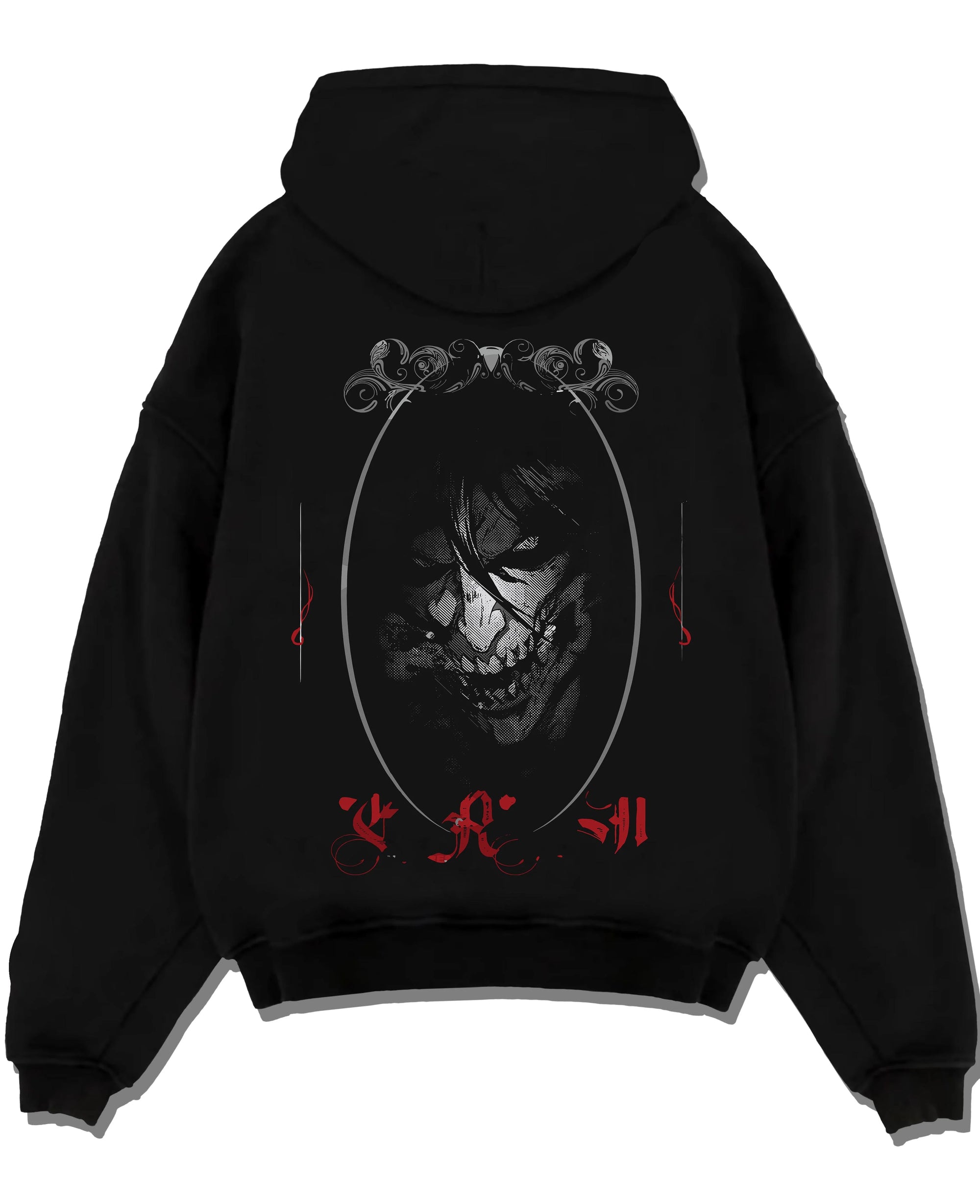 Black pullover hoodie laid flat with Eren Yeager Hoodie Attack on Titan Dark Smile Design graphic streetwear graphic.