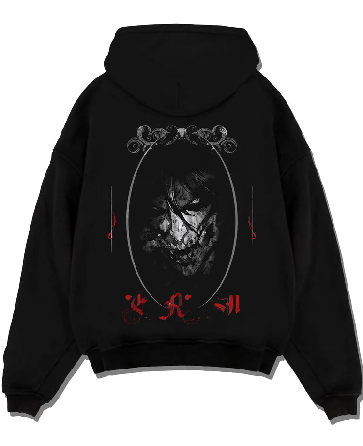 Black pullover hoodie laid flat with Eren Yeager Hoodie Attack on Titan Dark Smile Design graphic streetwear graphic.