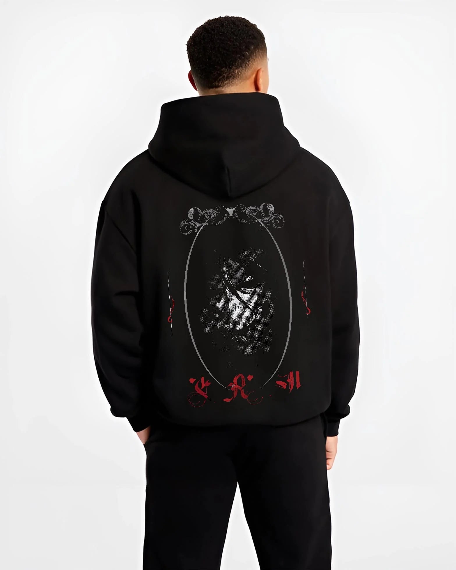 Black hoodie worn by male model, back view with Eren Yeager Hoodie Attack on Titan Dark Smile Design graphic bold anime graphic.