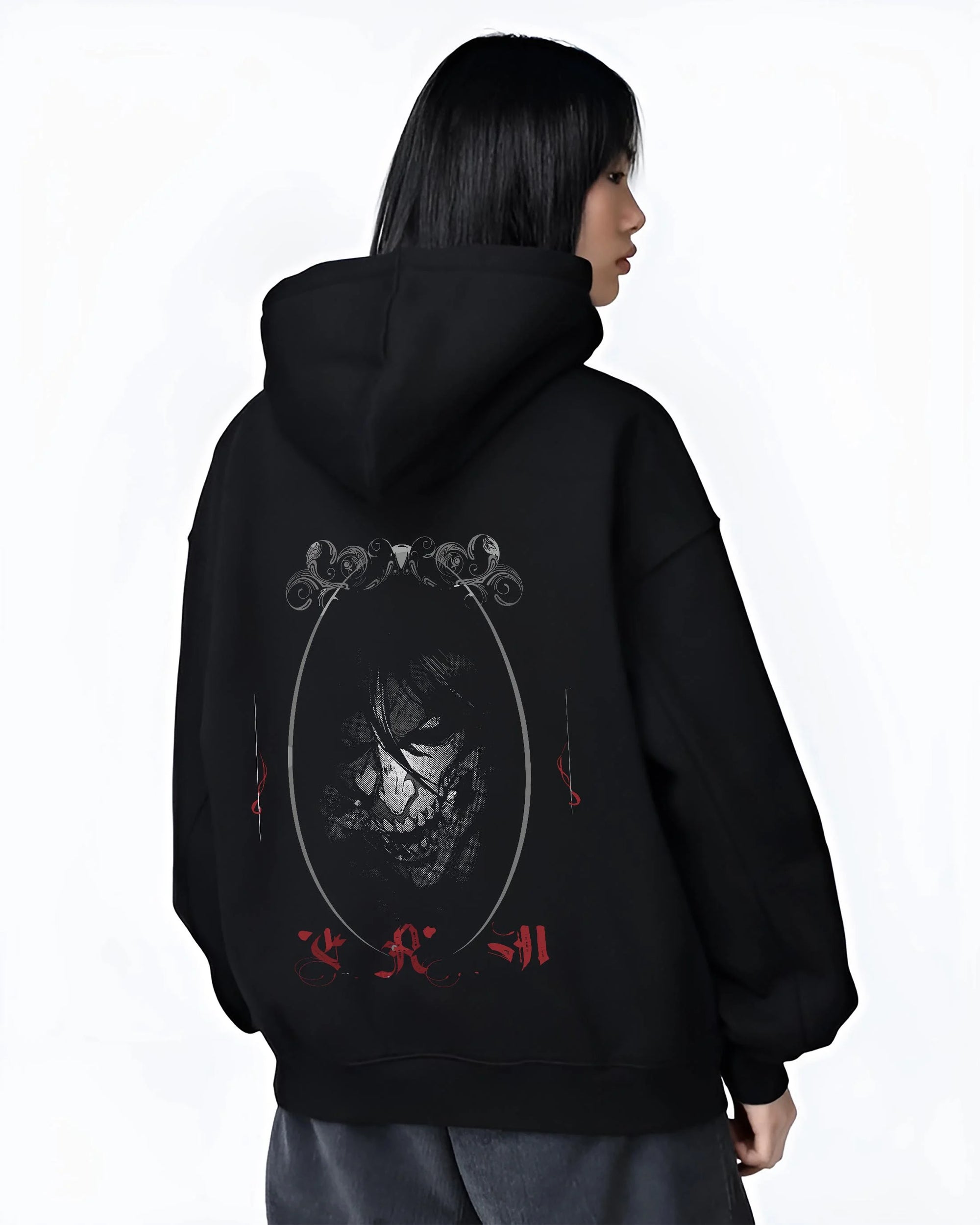 Black hoodie worn by female model, back view with Eren Yeager Hoodie Attack on Titan Dark Smile Design graphic premium wear.