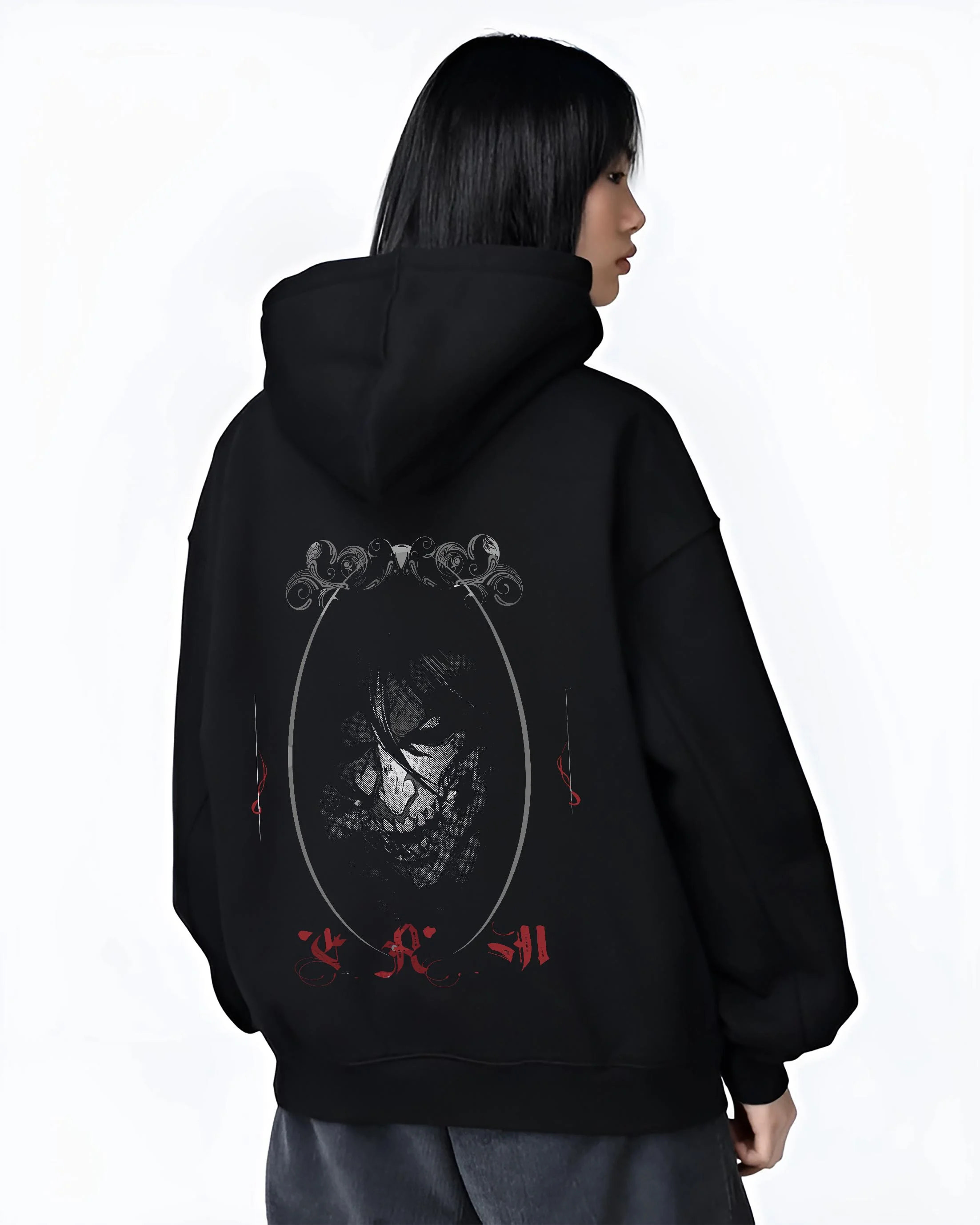 Black hoodie worn by female model, back view with Eren Yeager Hoodie Attack on Titan Dark Smile Design graphic premium wear.