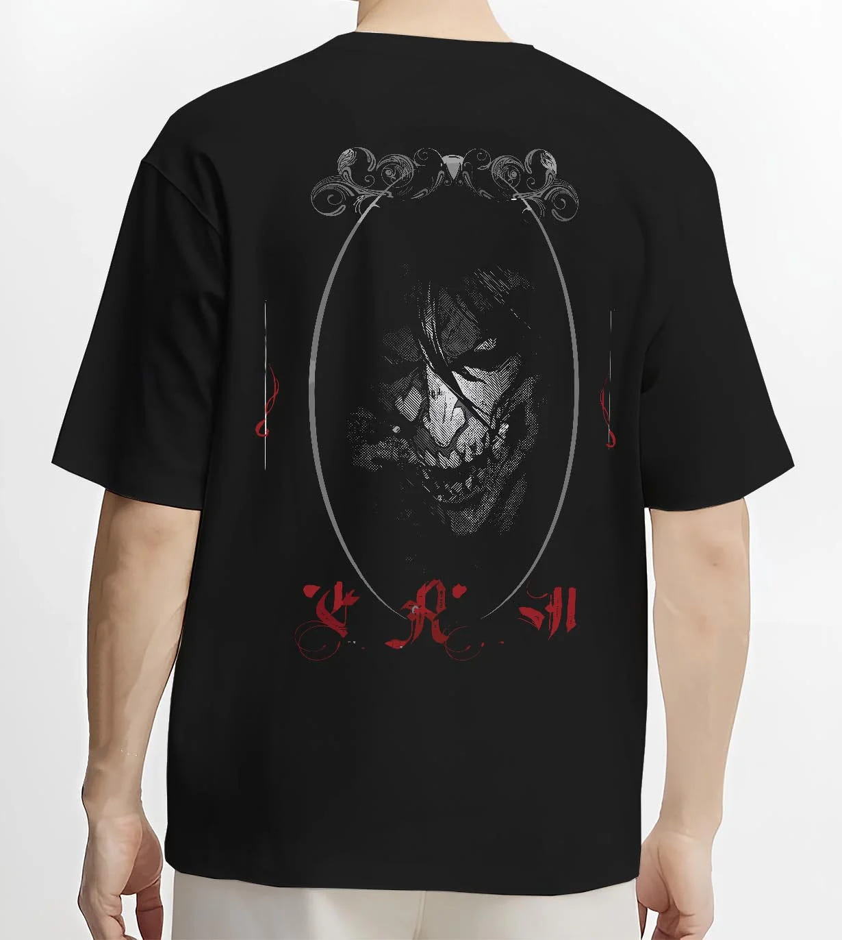 Black T-shirt worn by male model, back view with Eren Yeager Hoodie Attack on Titan Dark Smile Design graphic premium wear.