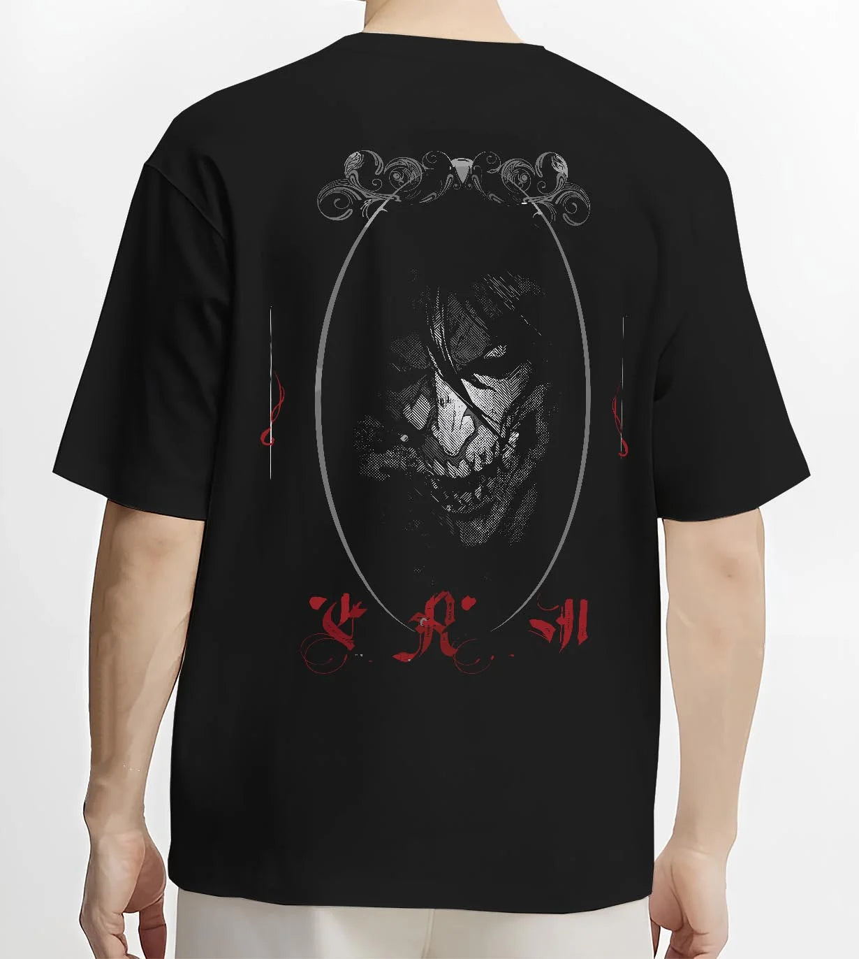 Black T-shirt worn by male model, back view with Eren Yeager Hoodie Attack on Titan Dark Smile Design graphic premium wear.
