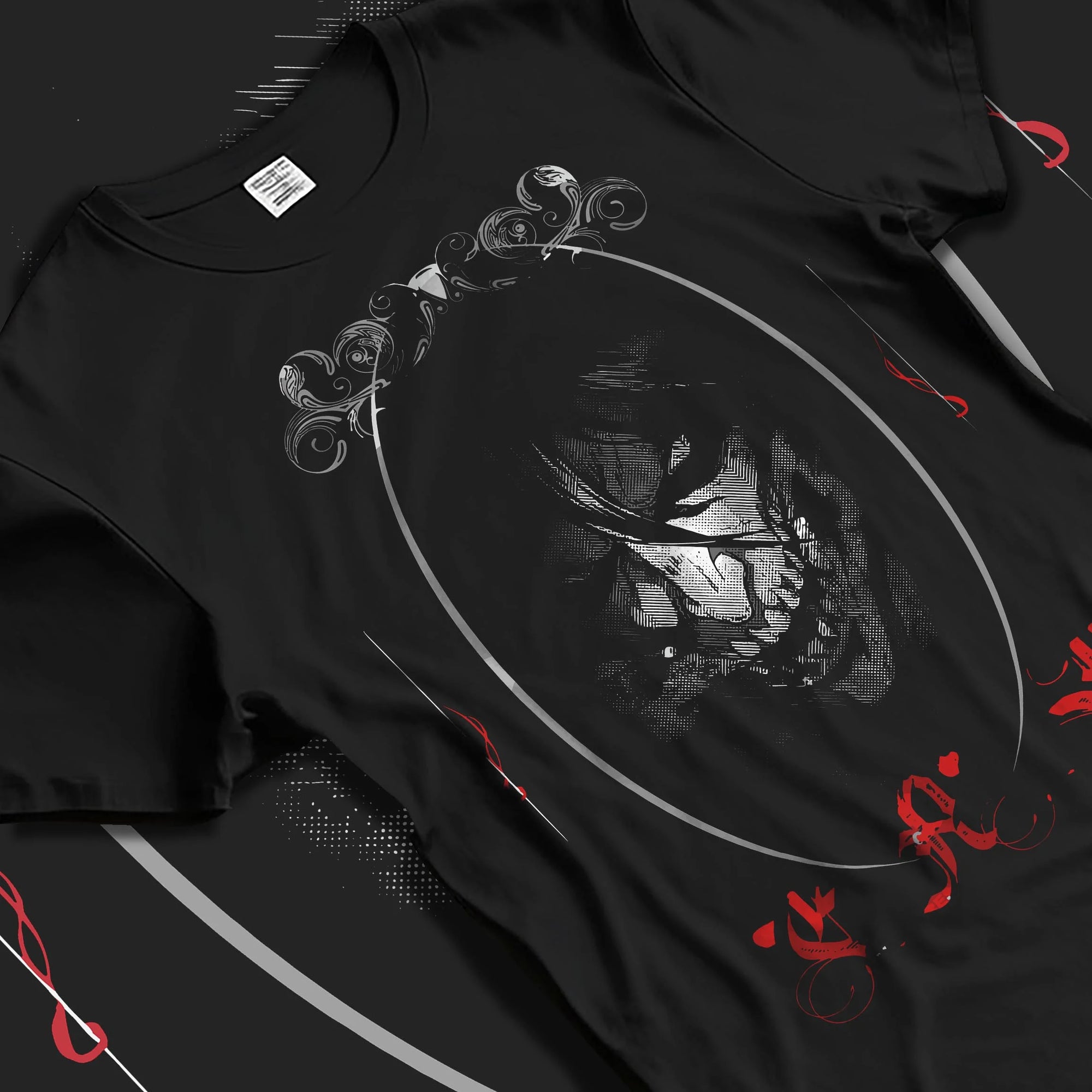 Black T-shirt laid flat with natural folds with Eren Yeager Hoodie Attack on Titan Dark Smile Design graphic streetwear graphic.