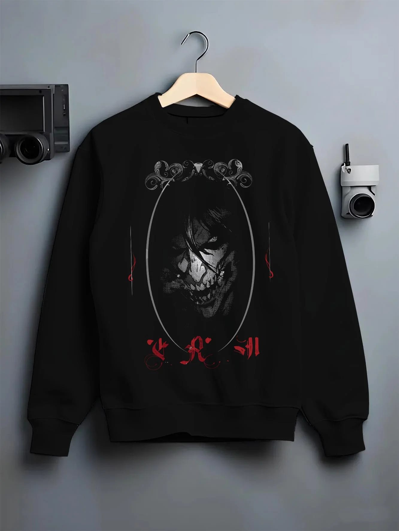 Black crewneck sweatshirt on hanger with Eren Yeager Hoodie Attack on Titan Dark Smile Design graphic bold anime graphic.