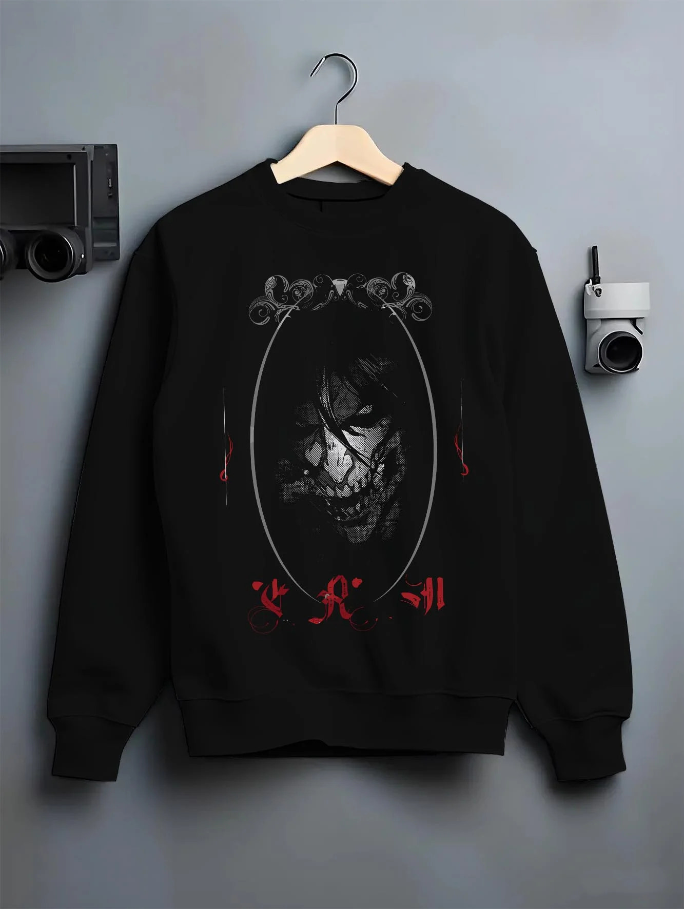 Black crewneck sweatshirt on hanger with Eren Yeager Hoodie Attack on Titan Dark Smile Design graphic bold anime graphic.