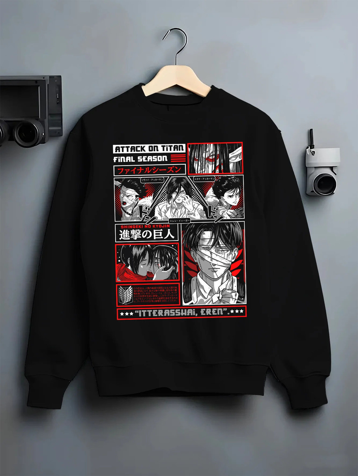 Black crewneck sweatshirt on hanger showing Attack on Titan Final Season: cast manga panel poster
