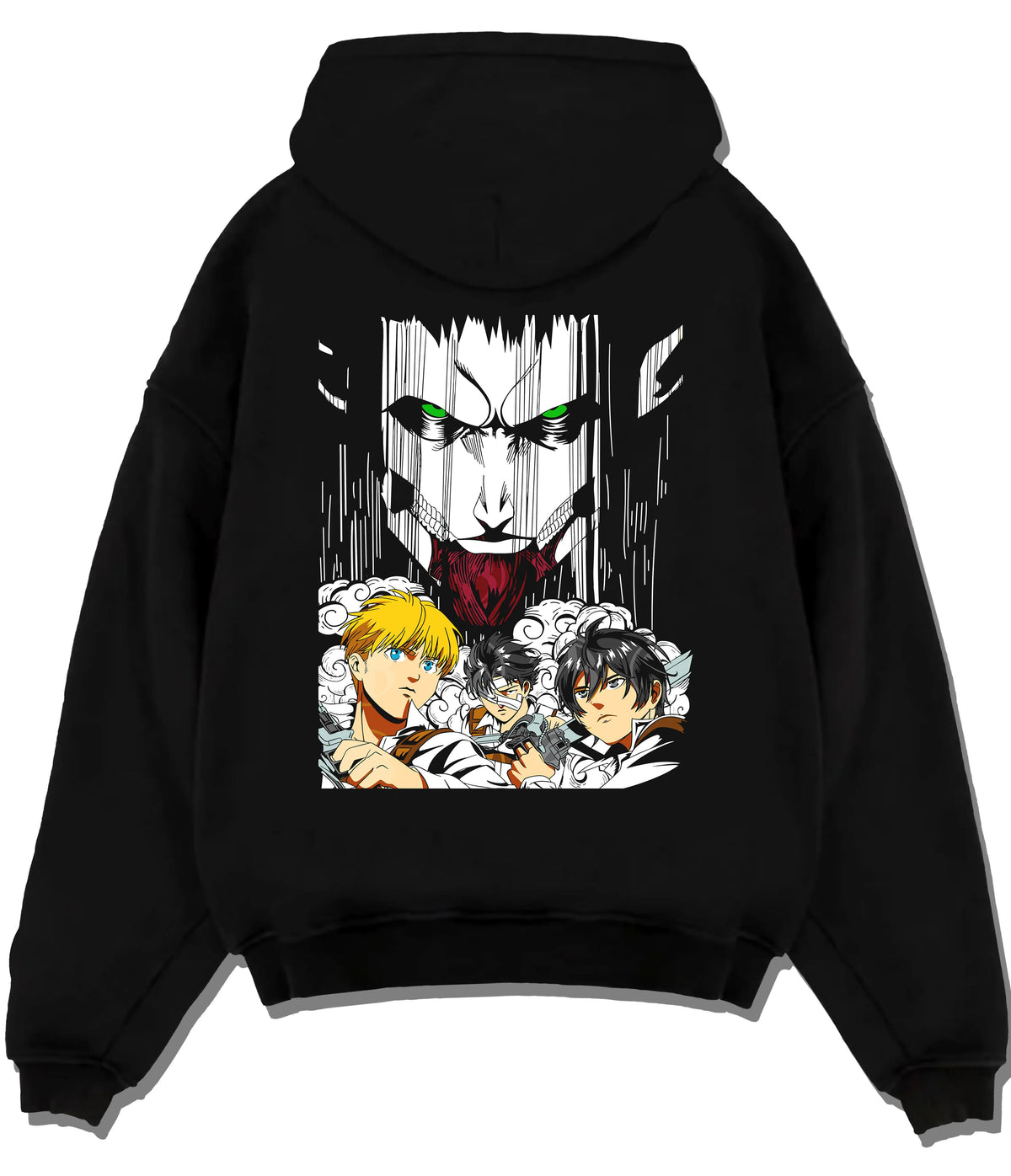 Black hoodie flat back view showing Eren, Armin and Survey Corps from Attack on Titan: Titan collage