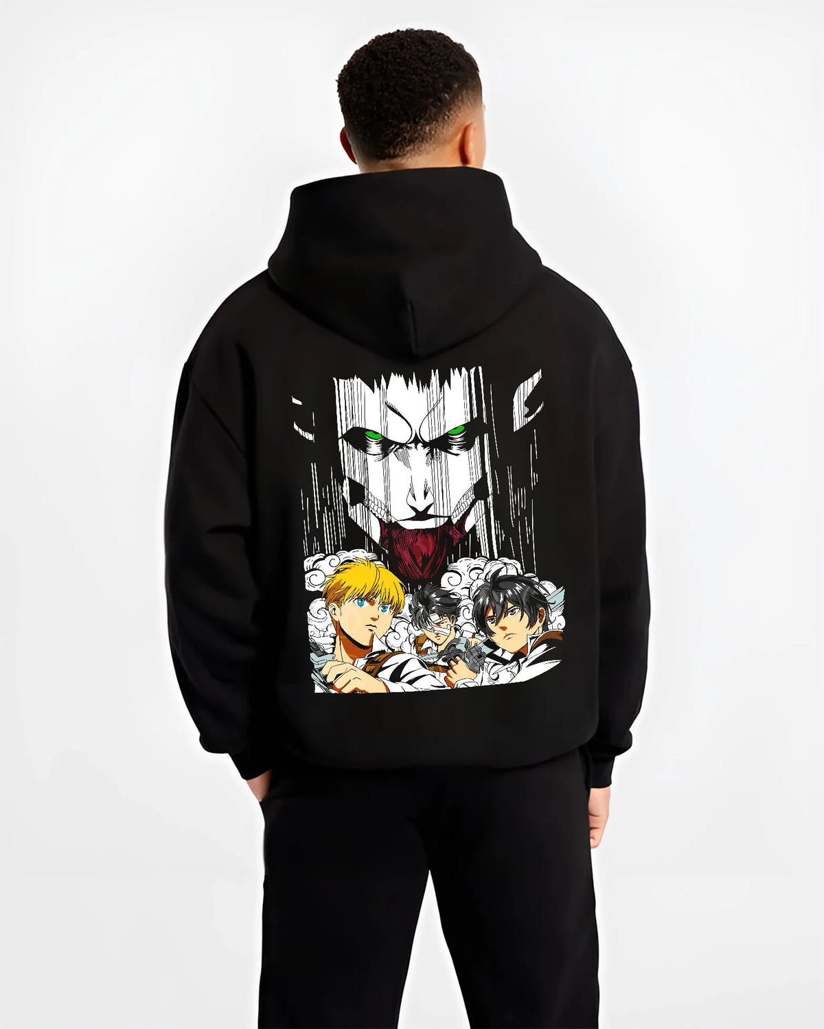 Black hoodie model back view showing Eren, Armin and Survey Corps from Attack on Titan: Titan collage