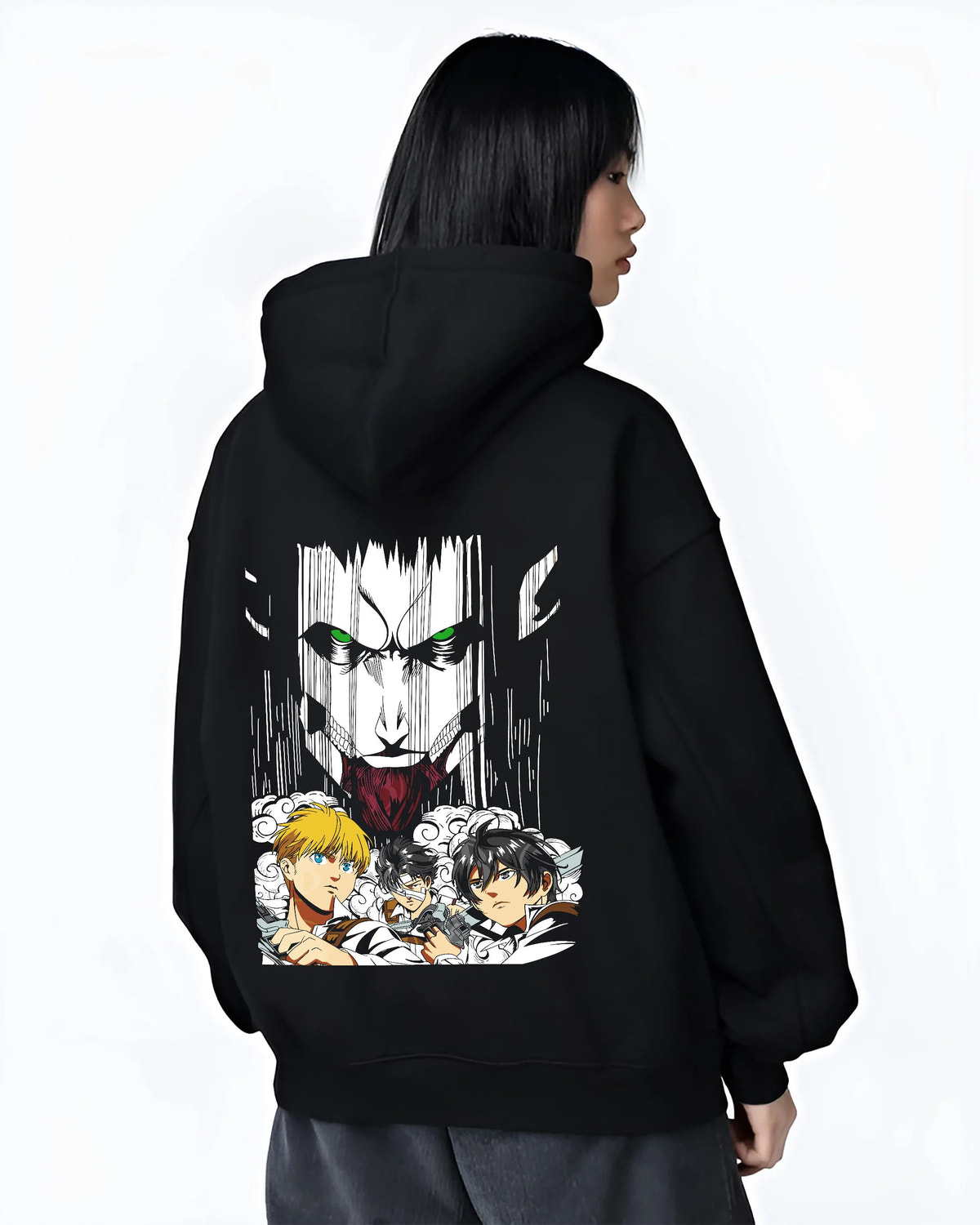 Black hoodie female model back view showing Eren, Armin and Survey Corps from Attack on Titan: Titan collage