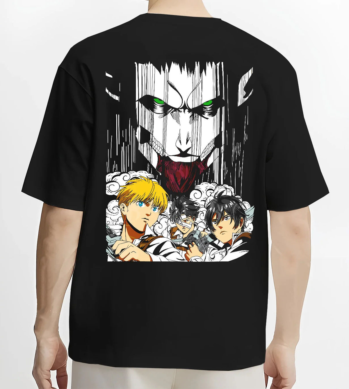 Black T-shirt model back view showing Eren, Armin and Survey Corps from Attack on Titan: Titan collage