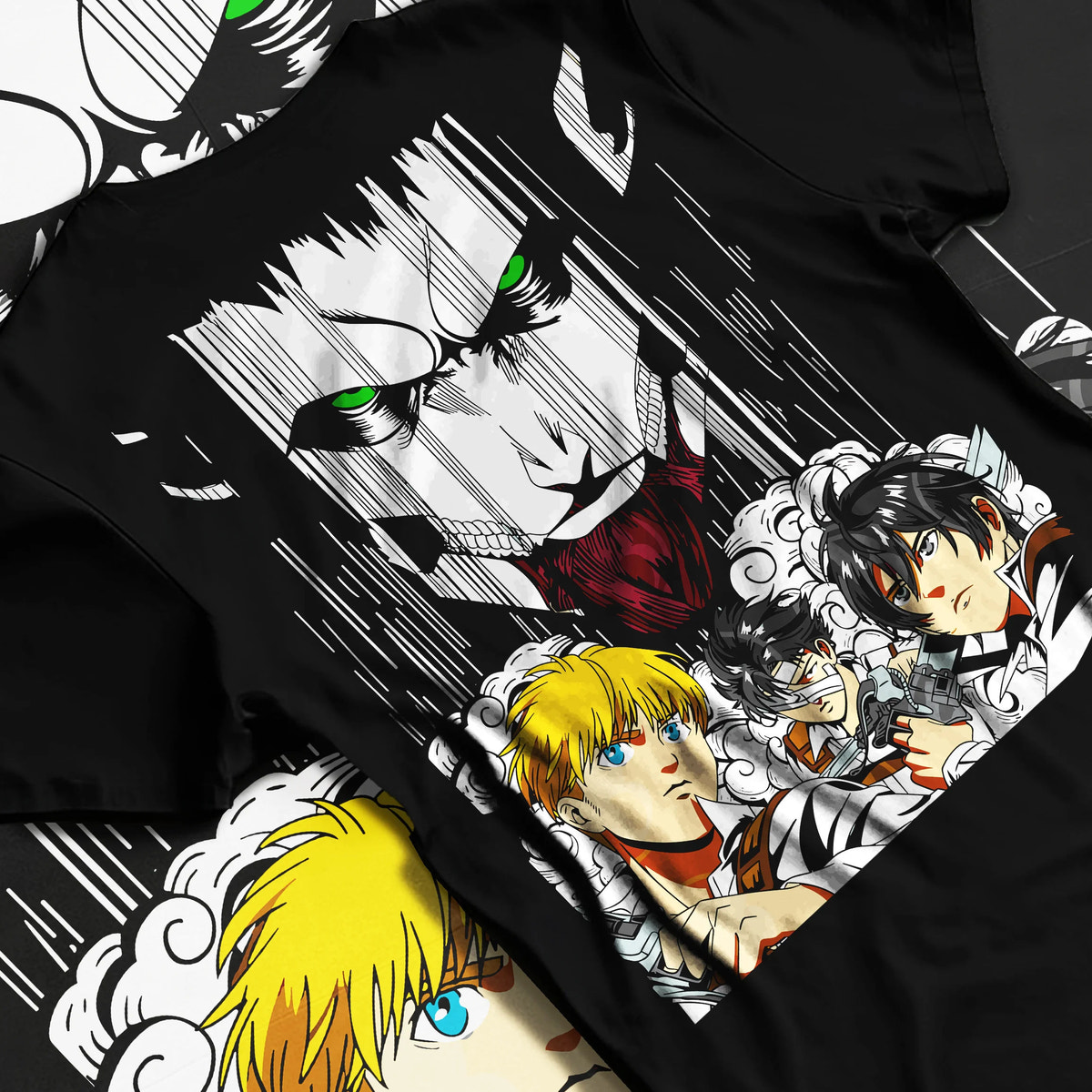 Black T-shirt flat back view showing Eren, Armin and Survey Corps from Attack on Titan: Titan collage