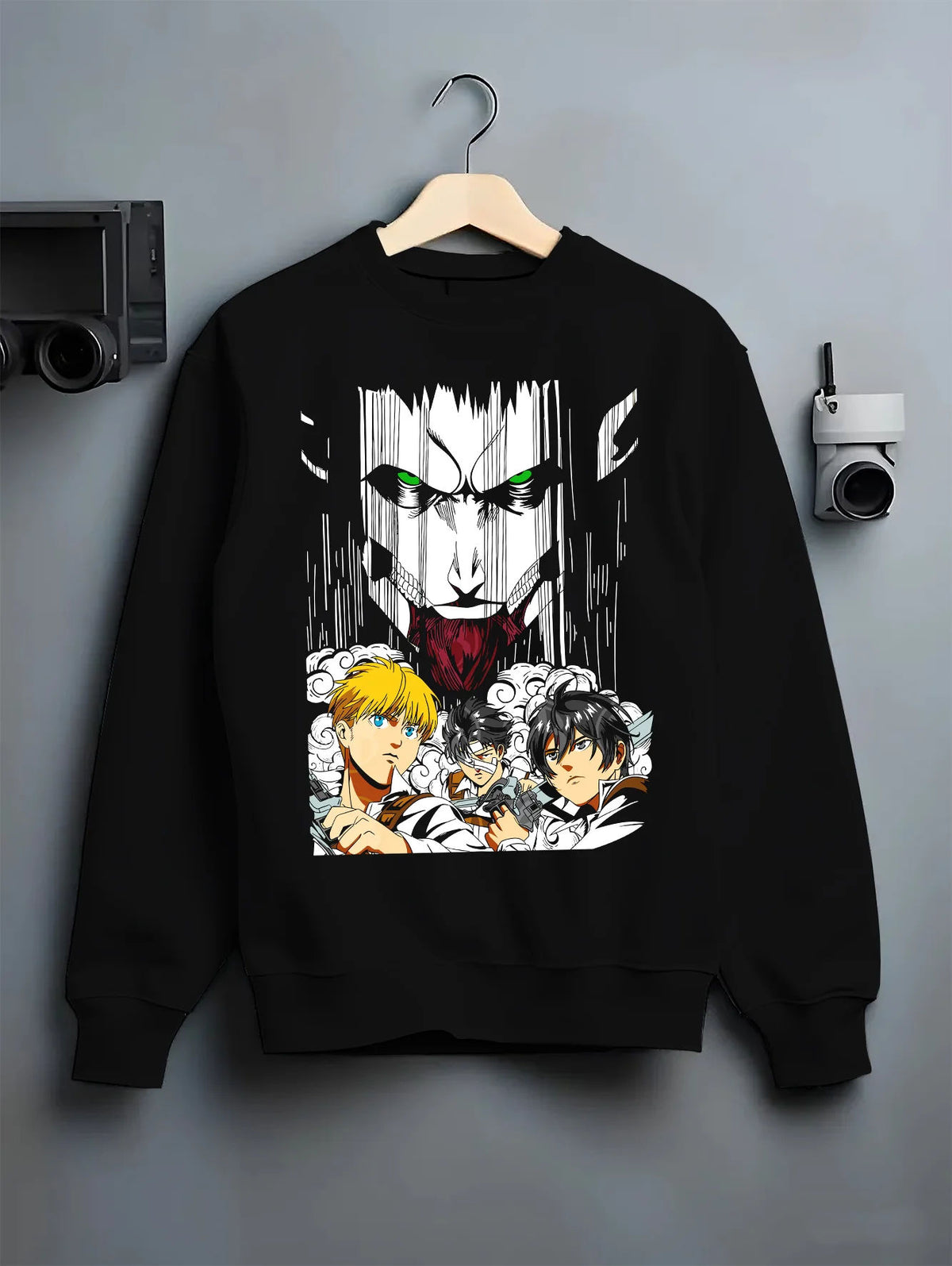 Black crewneck sweatshirt on hanger showing Eren, Armin and Survey Corps from Attack on Titan: Titan collage
