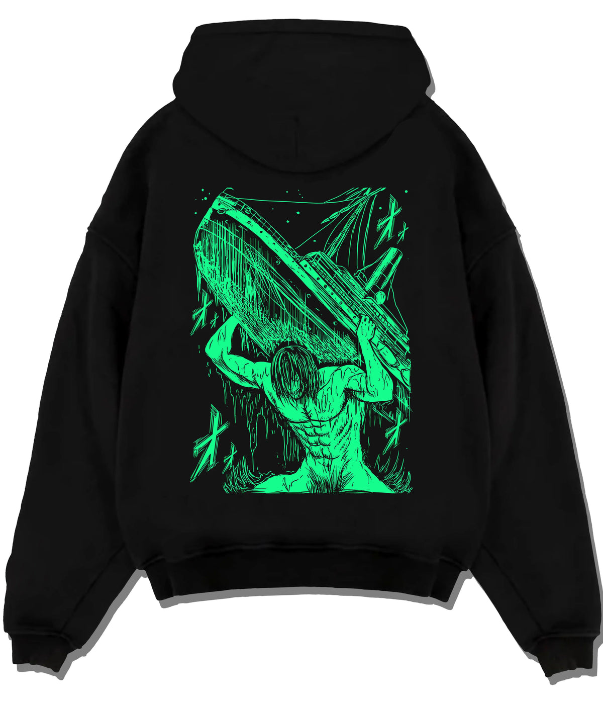 Black hoodie flat back view showing Eren / Attack Titan from Attack on Titan: neon green sketch