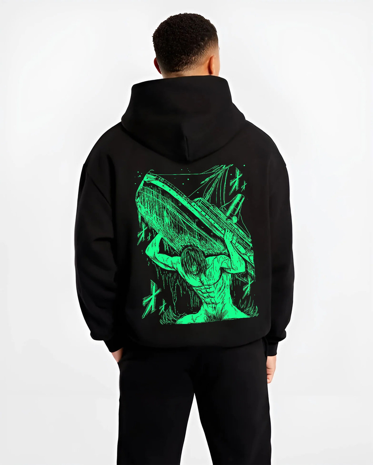 Black hoodie model back view showing Eren / Attack Titan from Attack on Titan: neon green sketch