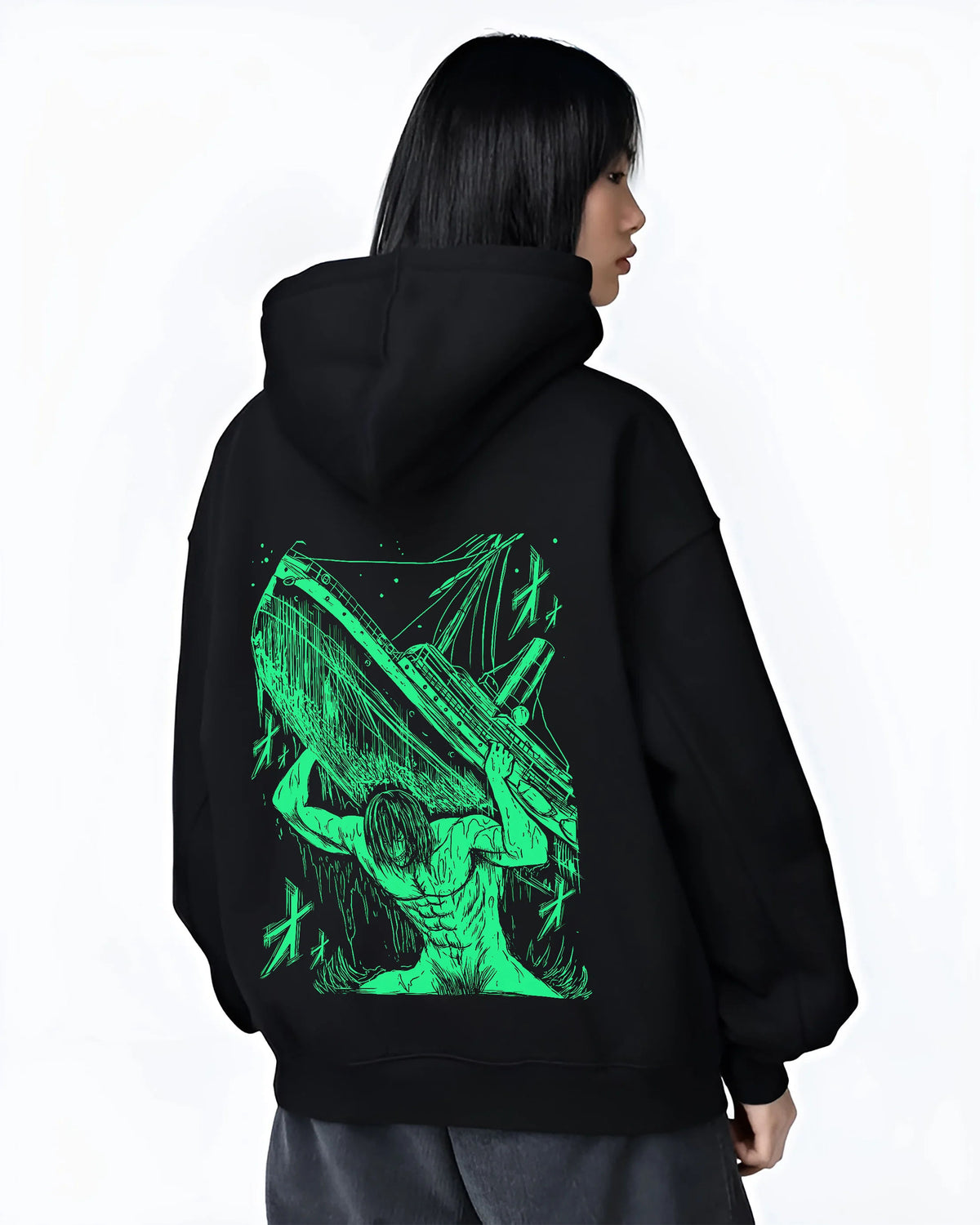 Black hoodie female model back view showing Eren / Attack Titan from Attack on Titan: neon green sketch