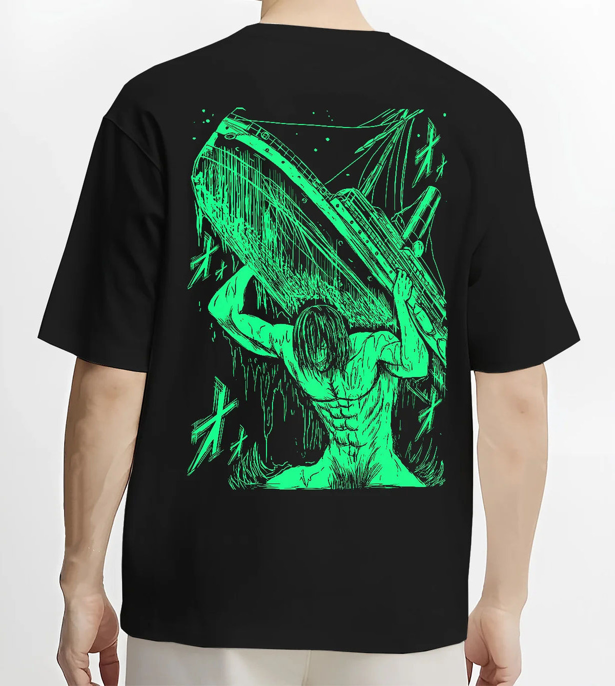 Black T-shirt model back view showing Eren / Attack Titan from Attack on Titan: neon green sketch