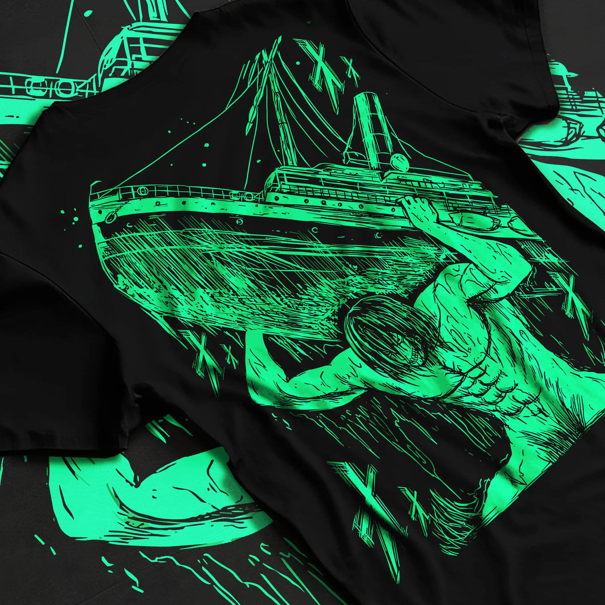 Black T-shirt flat back view showing Eren / Attack Titan from Attack on Titan: neon green sketch