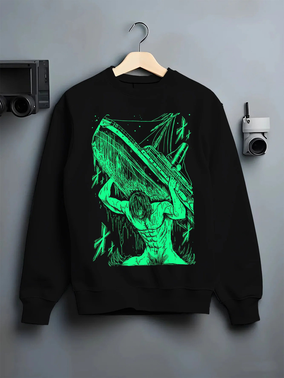 Black crewneck sweatshirt on hanger showing Eren / Attack Titan from Attack on Titan: neon green sketch