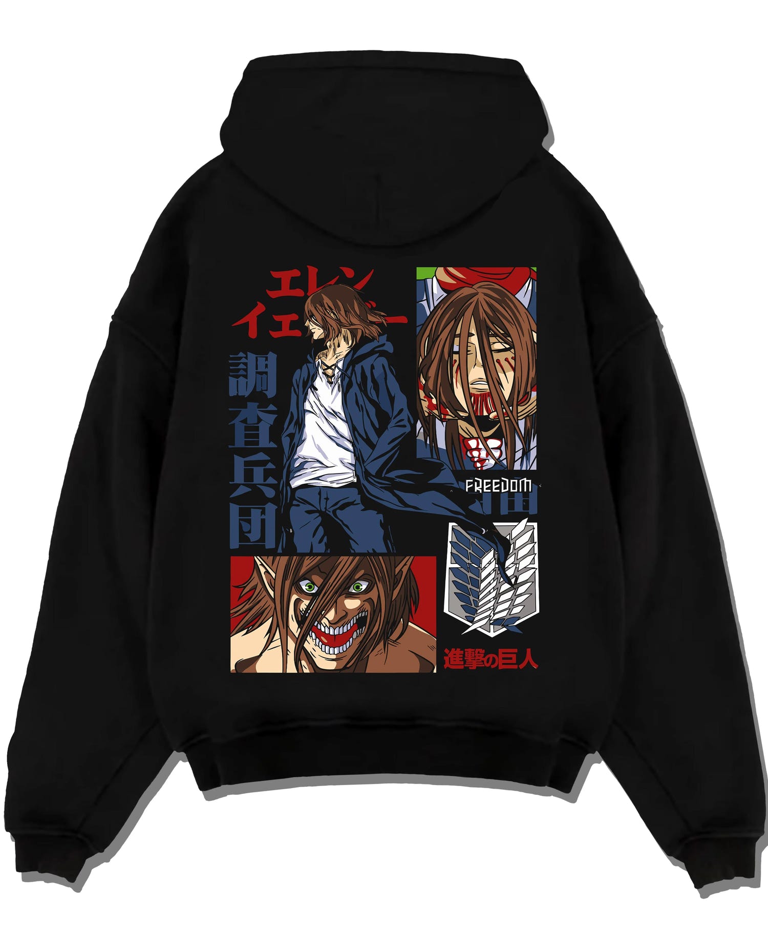 Black pullover hoodie laid flat with Eren Yeager Hoodie Attack on Titan Survey Corps Look graphic premium wear.