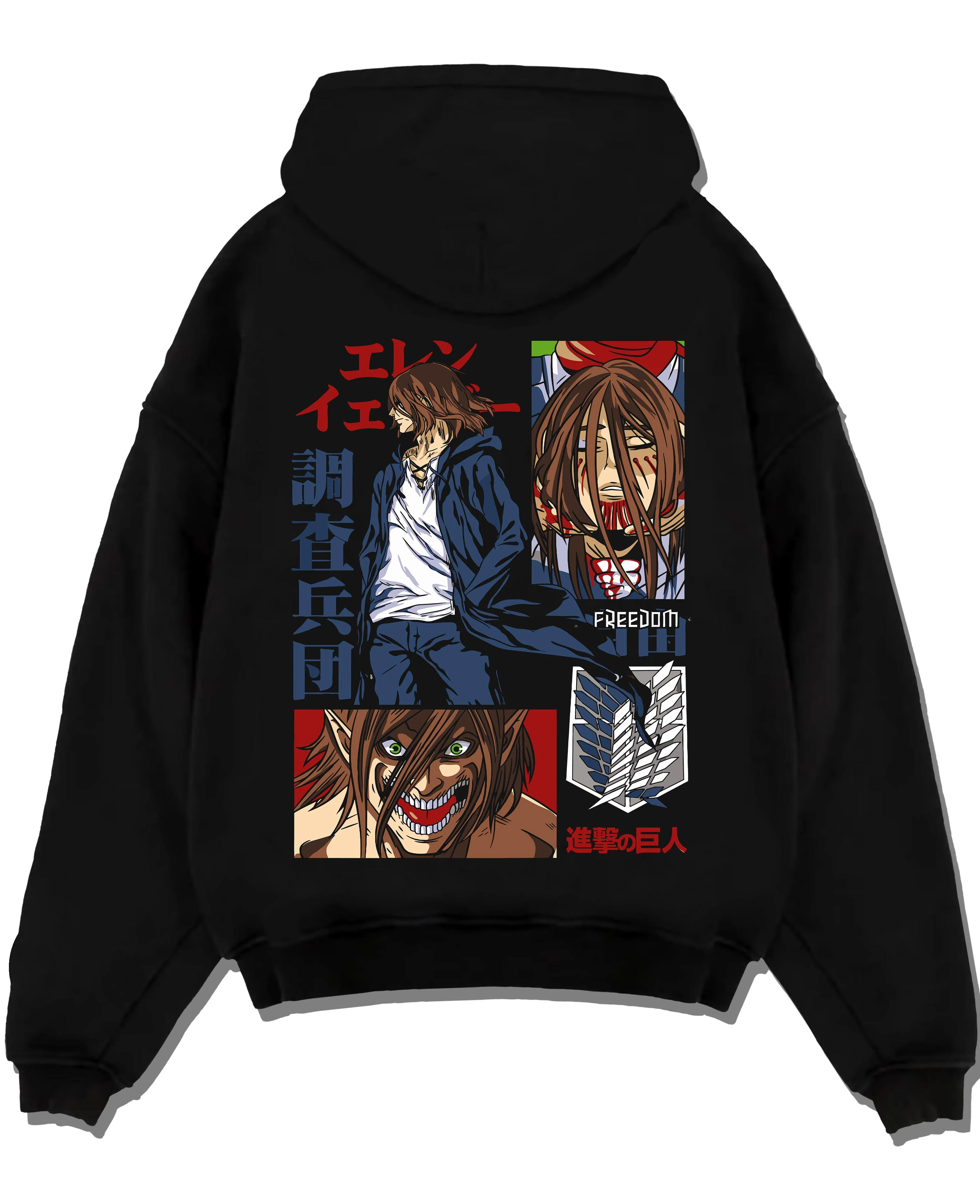 Black pullover hoodie laid flat with Eren Yeager Hoodie Attack on Titan Survey Corps Look graphic premium wear.