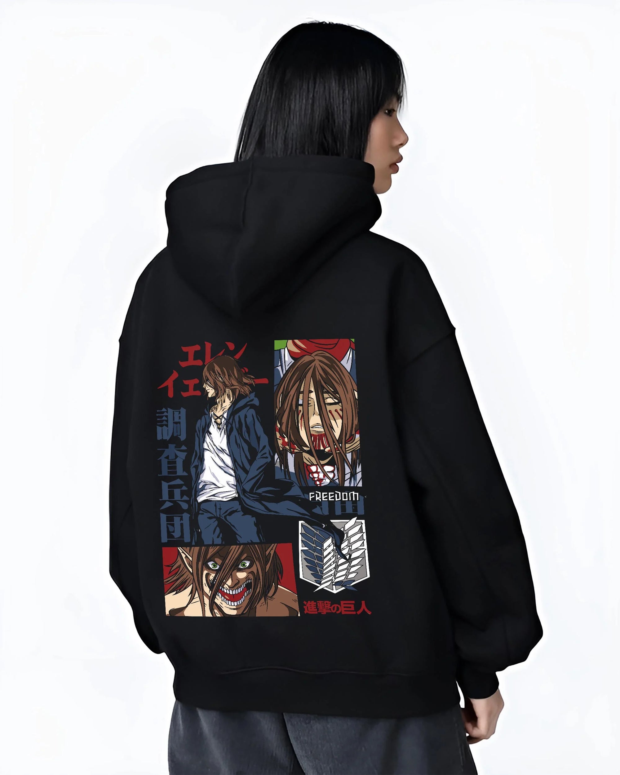 Black hoodie worn by female model, back view with Eren Yeager Hoodie Attack on Titan Survey Corps Look graphic streetwear graphic.