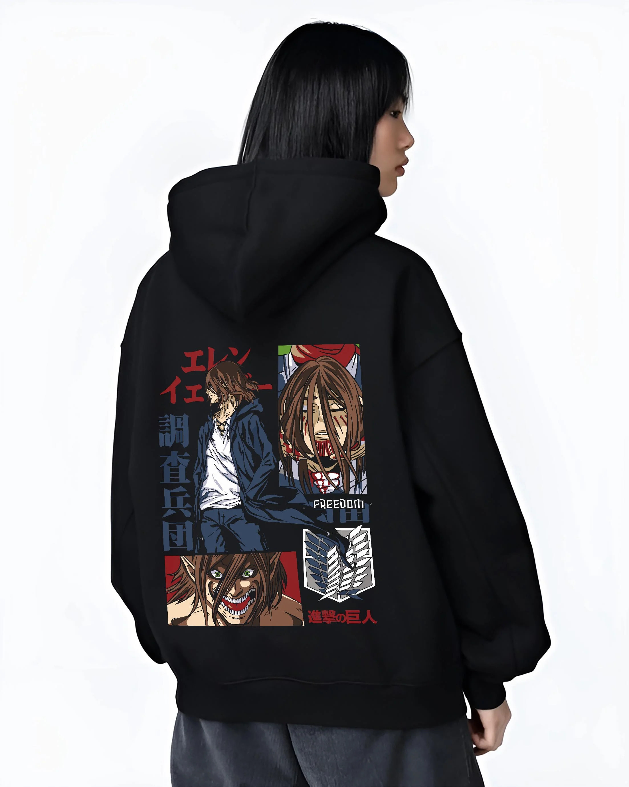Black hoodie worn by female model, back view with Eren Yeager Hoodie Attack on Titan Survey Corps Look graphic streetwear graphic.