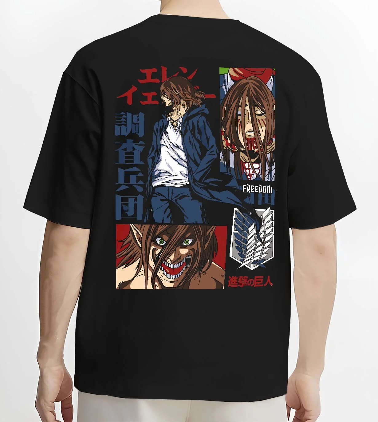 Black T-shirt worn by male model, back view with Eren Yeager Hoodie Attack on Titan Survey Corps Look graphic premium wear.