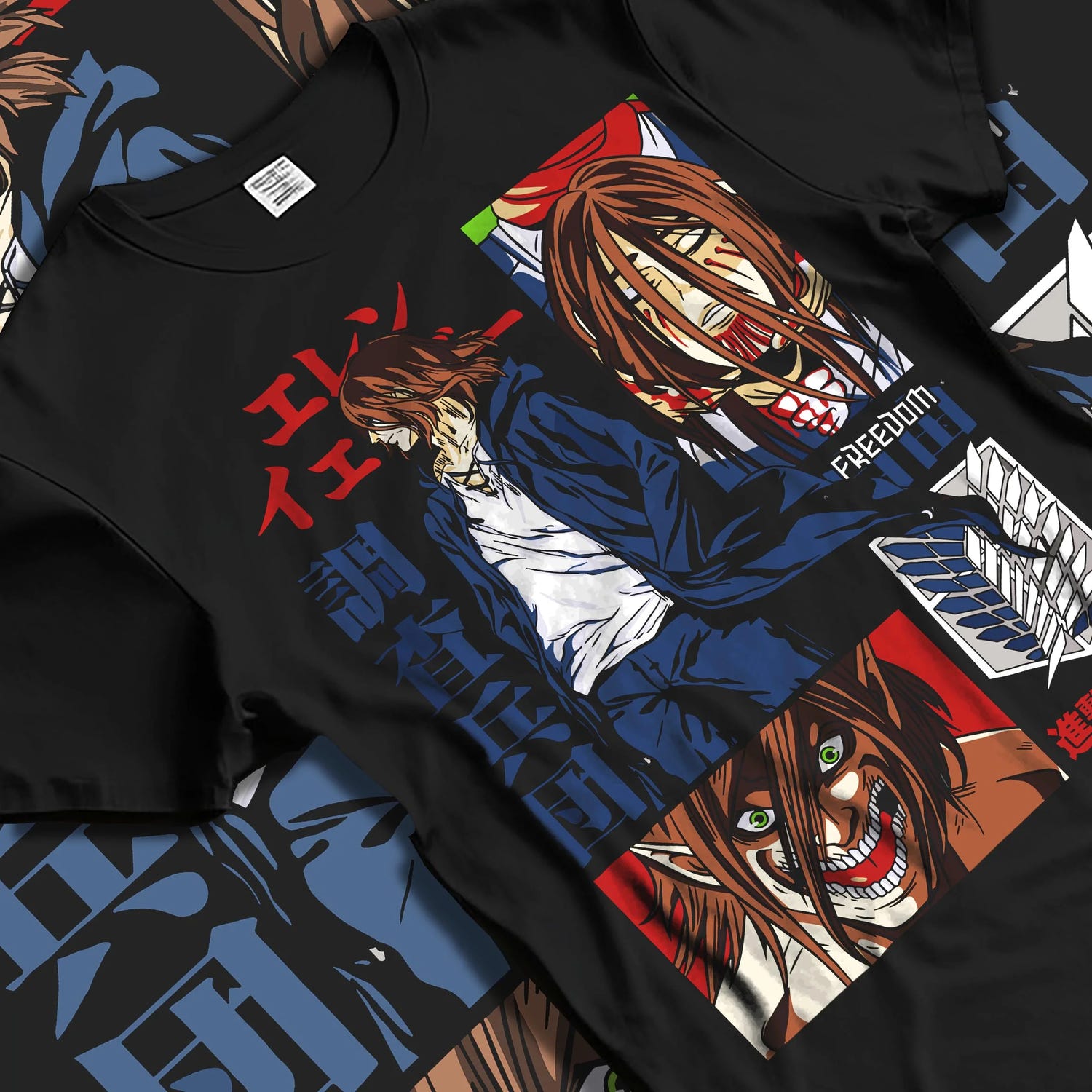 Black T-shirt laid flat with natural folds with Eren Yeager Hoodie Attack on Titan Survey Corps Look graphic premium wear.