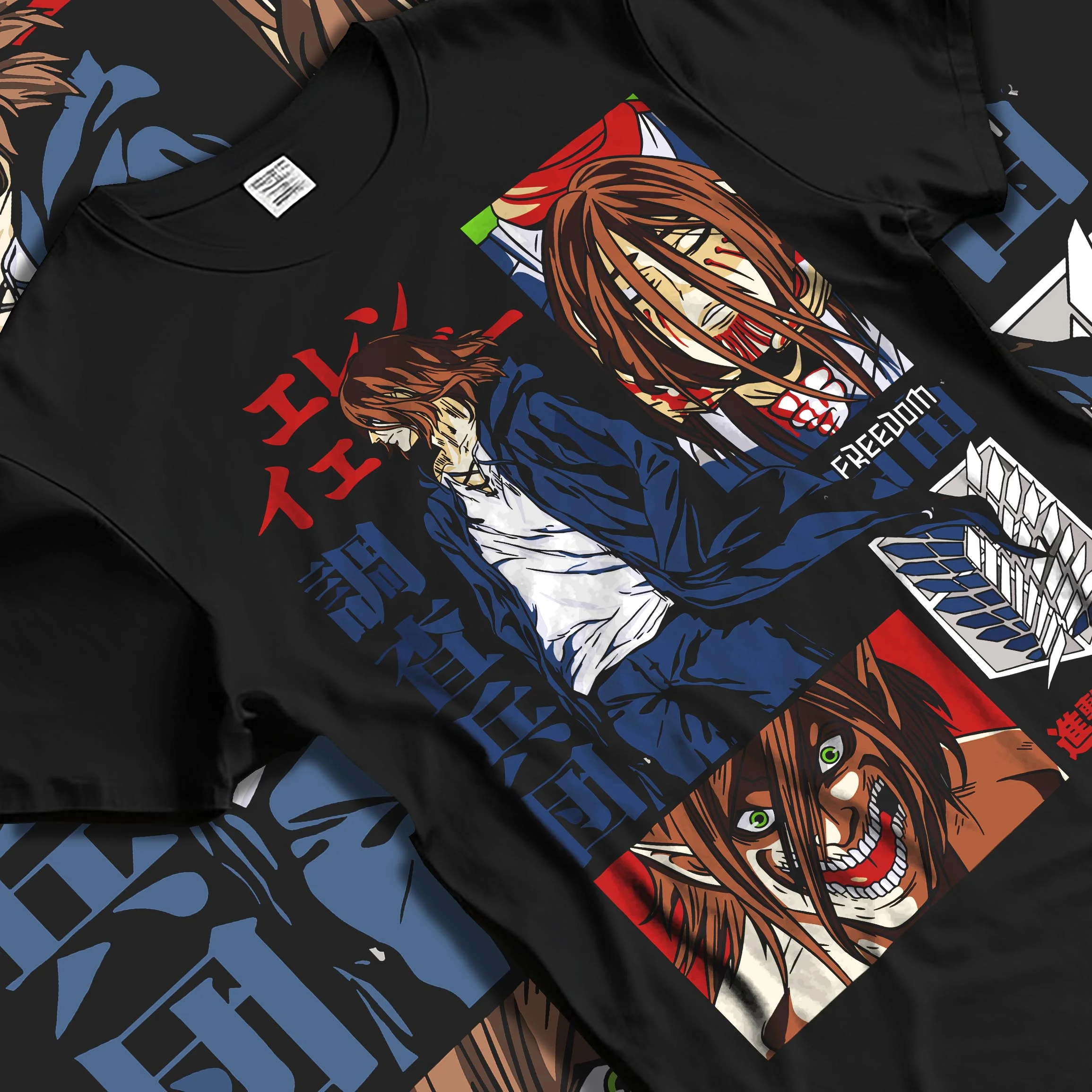 Black T-shirt laid flat with natural folds with Eren Yeager Hoodie Attack on Titan Survey Corps Look graphic premium wear.