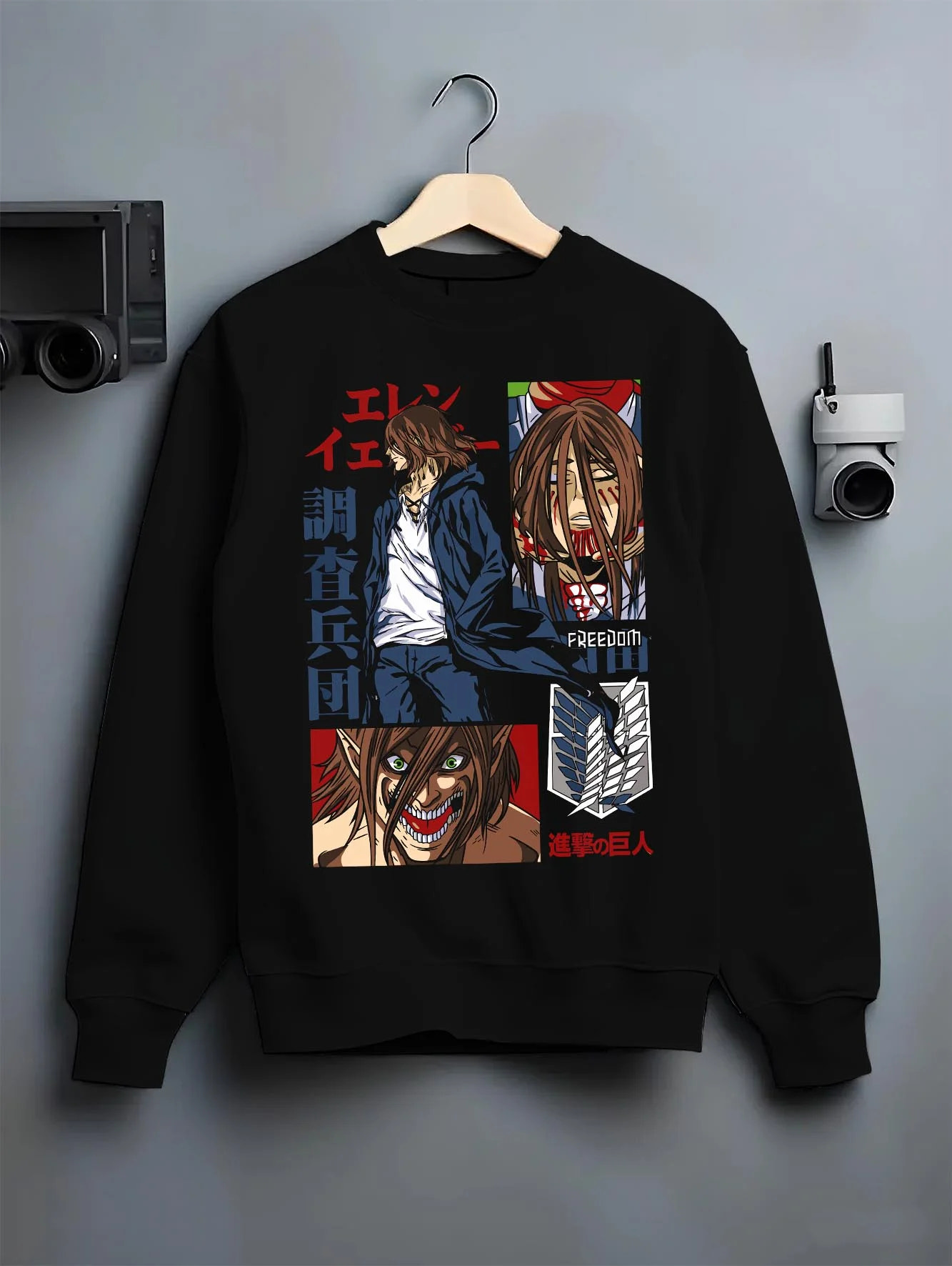 Black crewneck sweatshirt on hanger with Eren Yeager Hoodie Attack on Titan Survey Corps Look graphic premium wear.