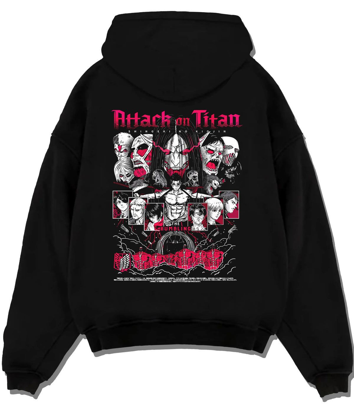 Black hoodie flat back view showing Eren Founding Titan from Attack on Titan: Attack on Titan ensemble poster