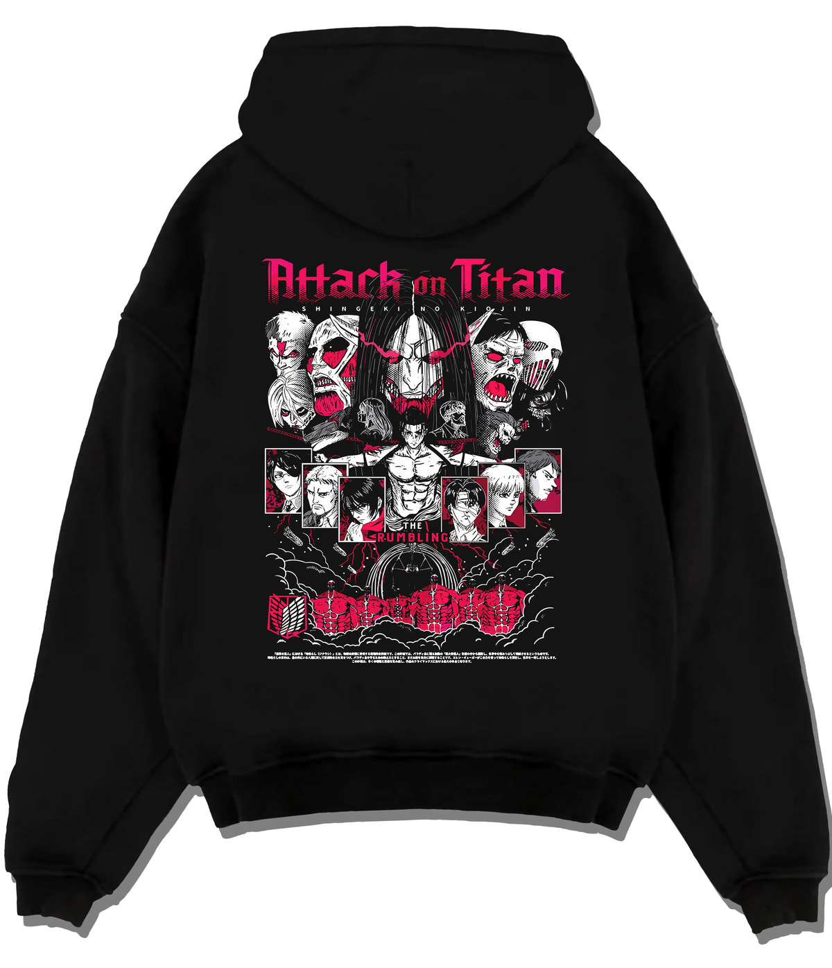 Black hoodie flat back view showing Eren Founding Titan from Attack on Titan: Attack on Titan ensemble poster