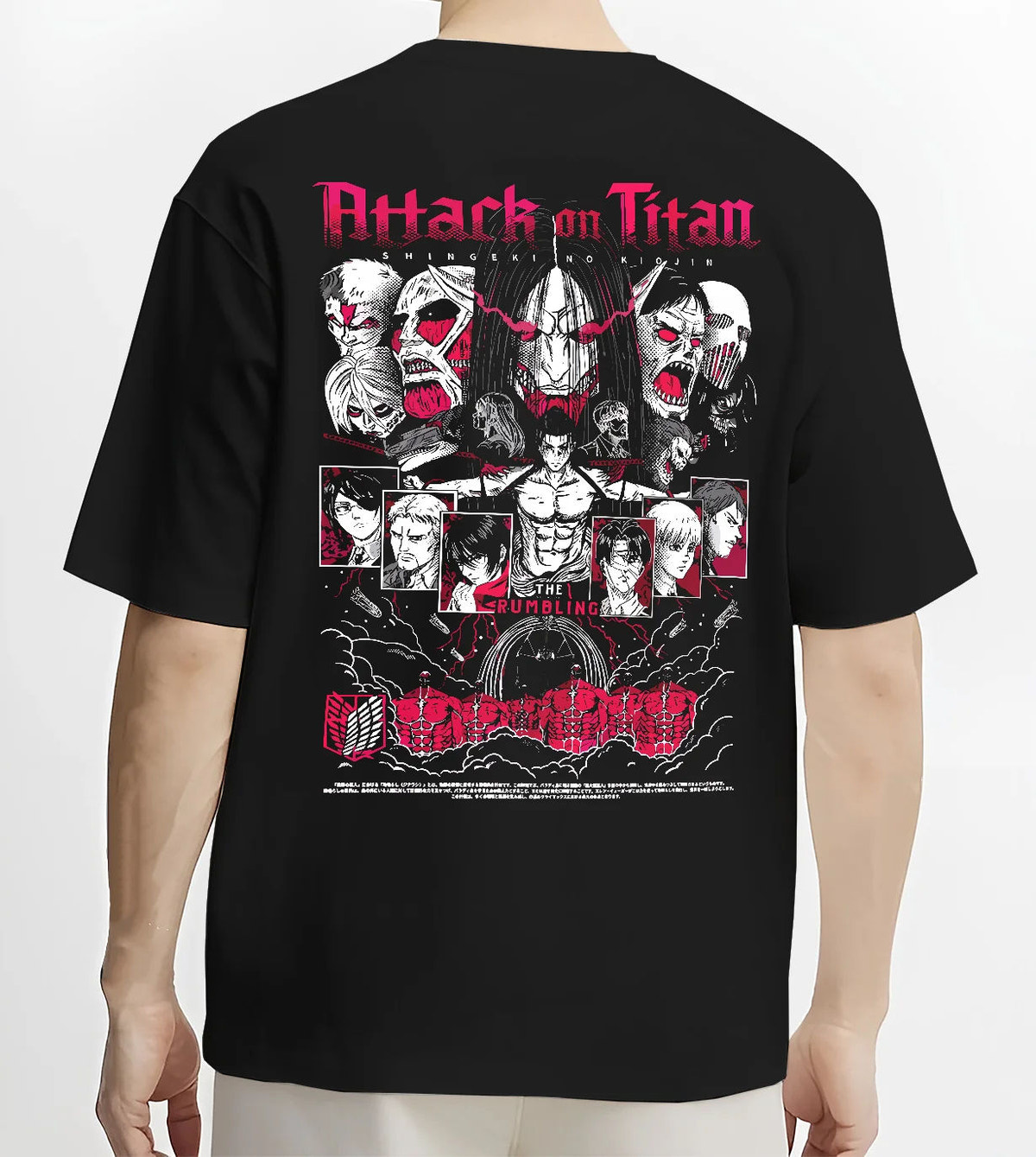Black T-shirt model back view showing Eren Founding Titan from Attack on Titan: Attack on Titan ensemble poster