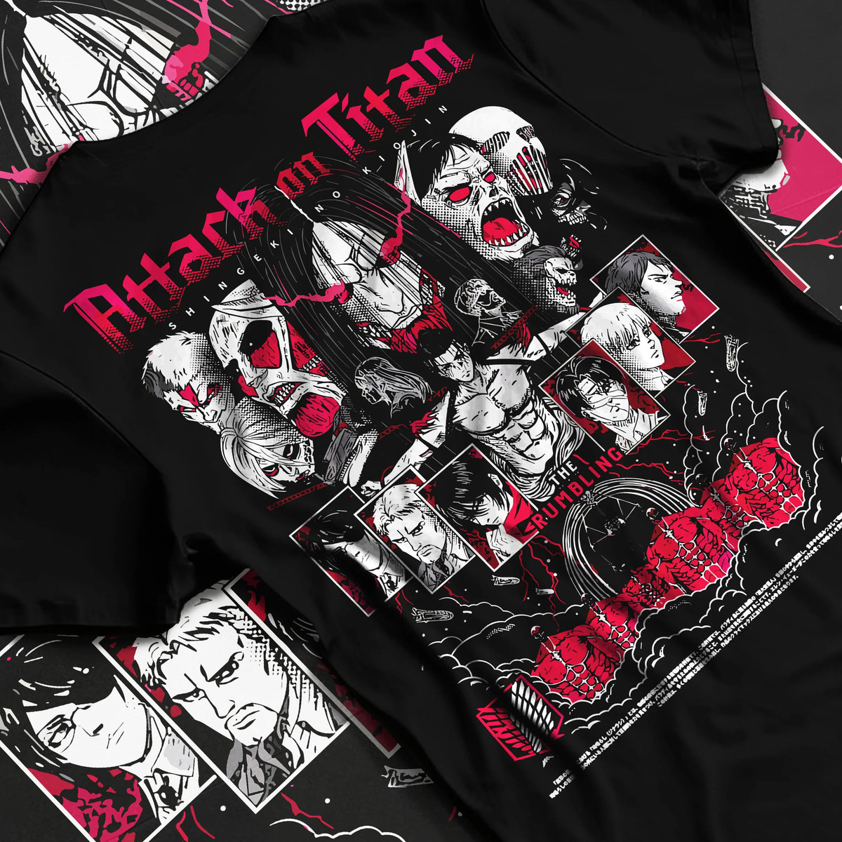 Black T-shirt flat back view showing Eren Founding Titan from Attack on Titan: Attack on Titan ensemble poster