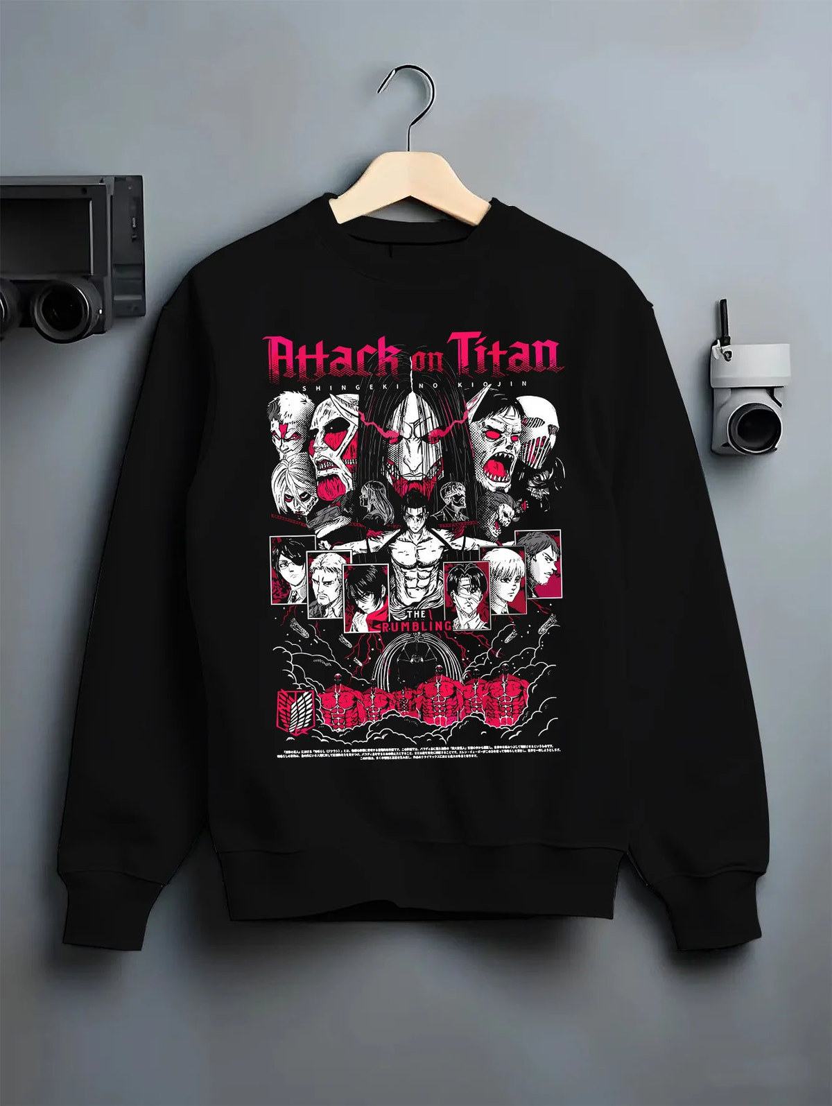 Black crewneck sweatshirt on hanger showing Eren Founding Titan from Attack on Titan: Attack on Titan ensemble poster