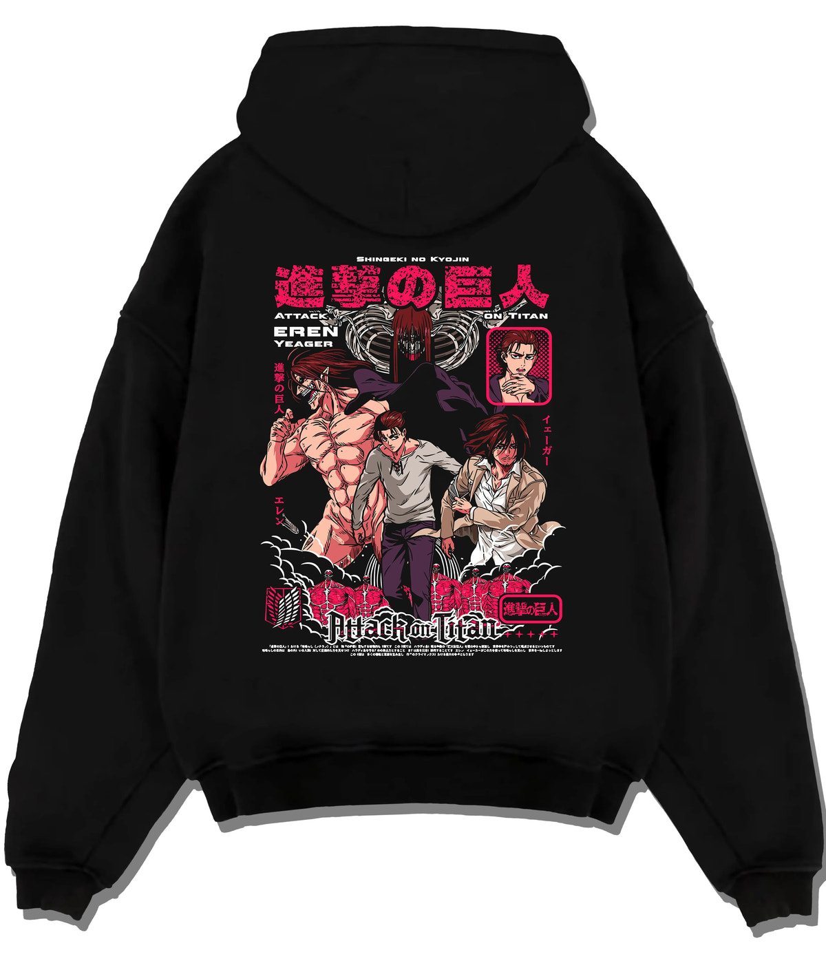 Black hoodie flat back view showing Attack on Titan: several Titans and Eren battle collage