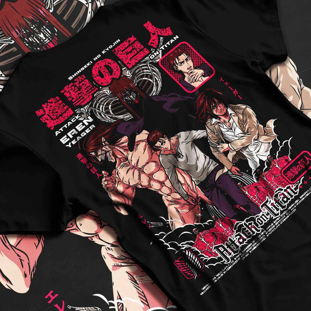 Black T-shirt flat back view showing Attack on Titan: several Titans and Eren battle collage