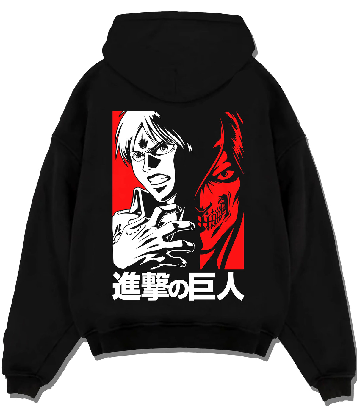 Black hoodie flat back view showing Eren Yeager from Attack on Titan: black and white shouting silhouette