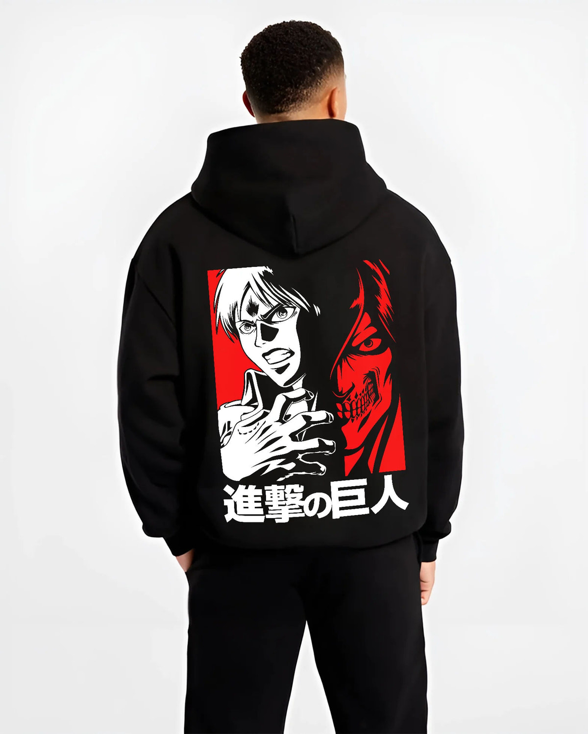 Black hoodie model back view showing Eren Yeager from Attack on Titan: black and white shouting silhouette