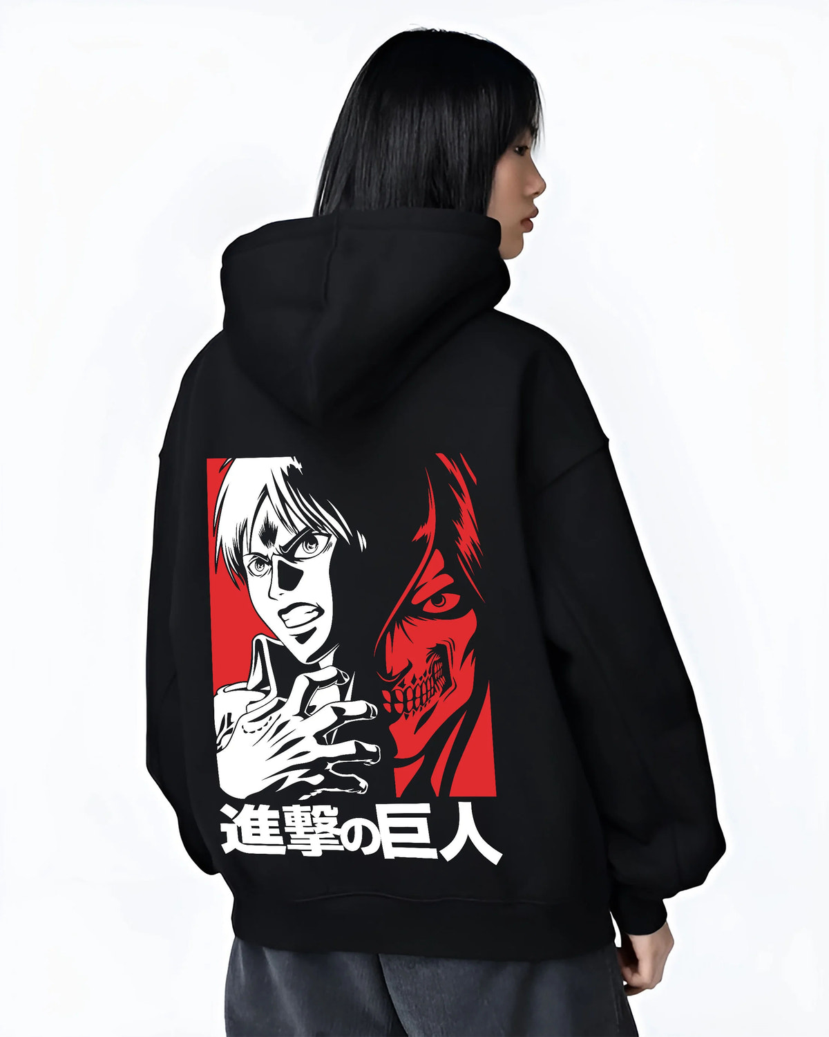 Black hoodie female model back view showing Eren Yeager from Attack on Titan: black and white shouting silhouette