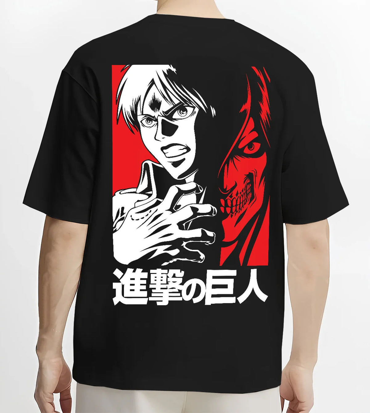 Black T-shirt model back view showing Eren Yeager from Attack on Titan: black and white shouting silhouette